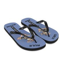 GIRLS RULE flip flops with CRUSHED TINY MAN underfoot blue gray fabric NEW (2020-05-10)