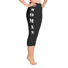 woman power yoga capris leggings black color with white lettering right view booty boosting best popular leggings for girls women womens heroicu littleruntman