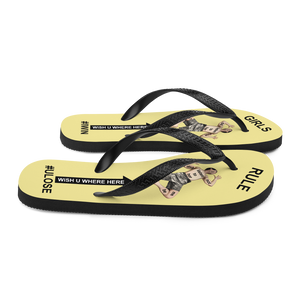 GIRLS RULE flip flops with CRUSHED TINY MAN underfoot pale yellow fabric NEW (2020-05-10)