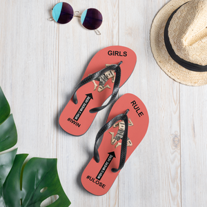 GIRLS RULE flip flops with CRUSHED TINY MAN underfoot salmon fabric NEW (2020-05-10)