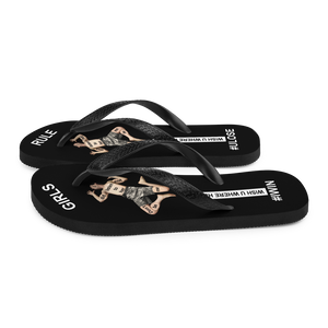 GIRLS RULE flip flops with CRUSHED TINY MAN underfoot black fabric NEW (2020-05-10)