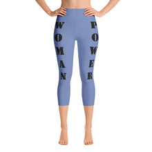 woman power yoga capris leggings blue gray color with black lettering front view booty boosting best popular leggings for girls women womens heroicu littleruntman