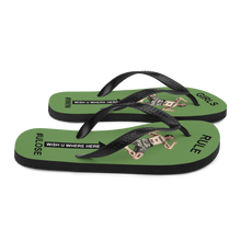 GIRLS RULE flip flops with CRUSHED TINY MAN underfoot moss green fabric NEW (2020-05-10)