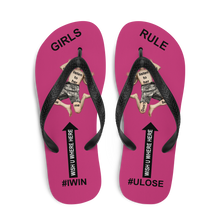 GIRLS RULE flip flops with CRUSHED TINY MAN underfoot magenta fabric NEW (2020-05-10)