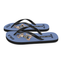 GIRLS RULE flip flops with CRUSHED TINY MAN underfoot blue gray fabric NEW (2020-05-10)