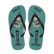 GIRLS RULE flip flops with CRUSHED TINY MAN underfoot teal fabric NEW (2020-05-10)