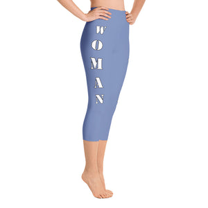 woman power yoga capris leggings blue gray color with white lettering right view booty boosting best popular leggings for girls women womens heroicu littleruntman