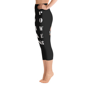 woman power yoga capris leggings black color with white lettering left view booty boosting best popular leggings for girls women womens heroicu littleruntman