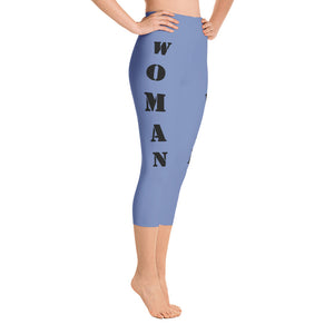 woman power yoga capris leggings blue gray color with black lettering right view booty boosting best popular leggings for girls women womens heroicu littleruntman