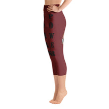 woman power yoga capris leggings burgundy color with black lettering left view booty boosting best popular leggings for girls women womens heroicu littleruntman