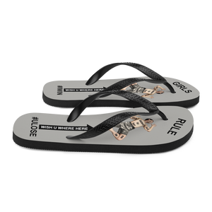 GIRLS RULE flip flops with CRUSHED TINY MAN underfoot gray fabric NEW (2020-05-10)