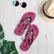 GIRLS RULE flip flops with CRUSHED TINY MAN underfoot magenta fabric NEW (2020-05-10)