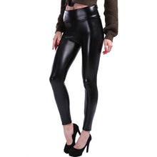 womens black faux leather leggings front oblique view