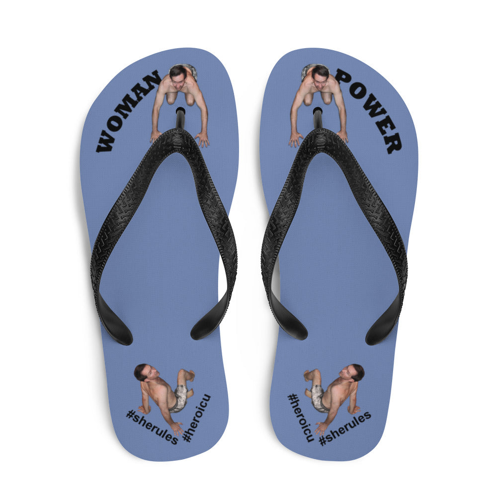 top-best-woman-power-flip-flops-tiny-man-bows-down-blue-gray-black-letters
