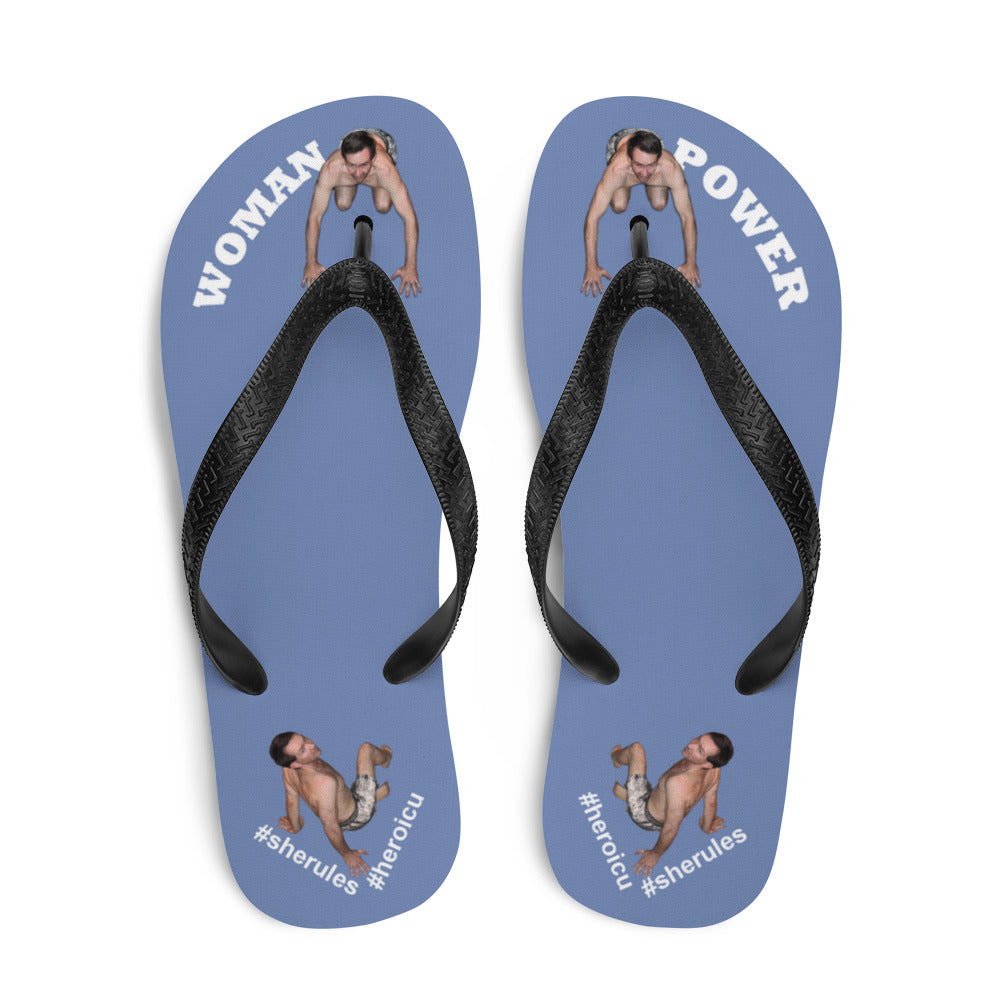 top-best-woman-power-flip-flops-tiny-man-bows-down-blue-gray-white-letters