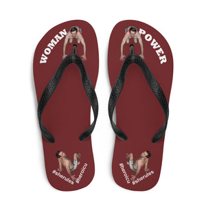 top-best-woman-power-flip-flops-tiny-man-bows-down-burgundy-red-white-letters