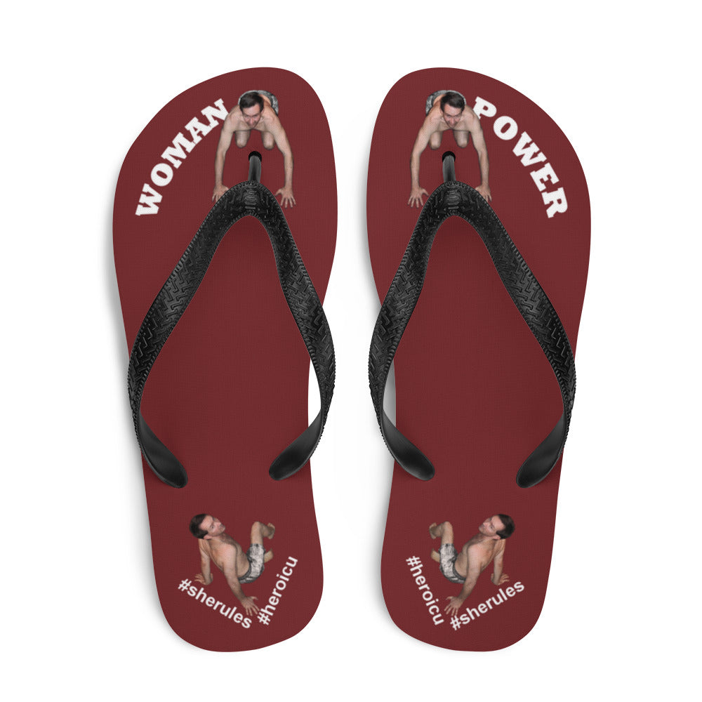 top-best-woman-power-flip-flops-tiny-man-bows-down-burgundy-red-white-letters