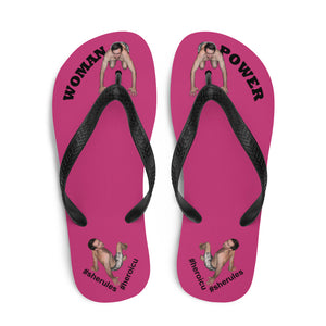 top-best-woman-power-flip-flops-tiny-man-bows-down-magenta-pink-black-letters