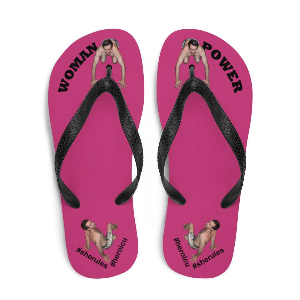 top-best-woman-power-flip-flops-tiny-man-bows-down-magenta-pink-black-letters
