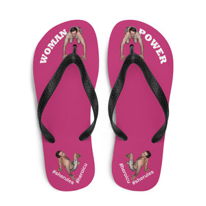 top-best-woman-power-flip-flops-tiny-man-bows-down-magenta-pink-white-letters