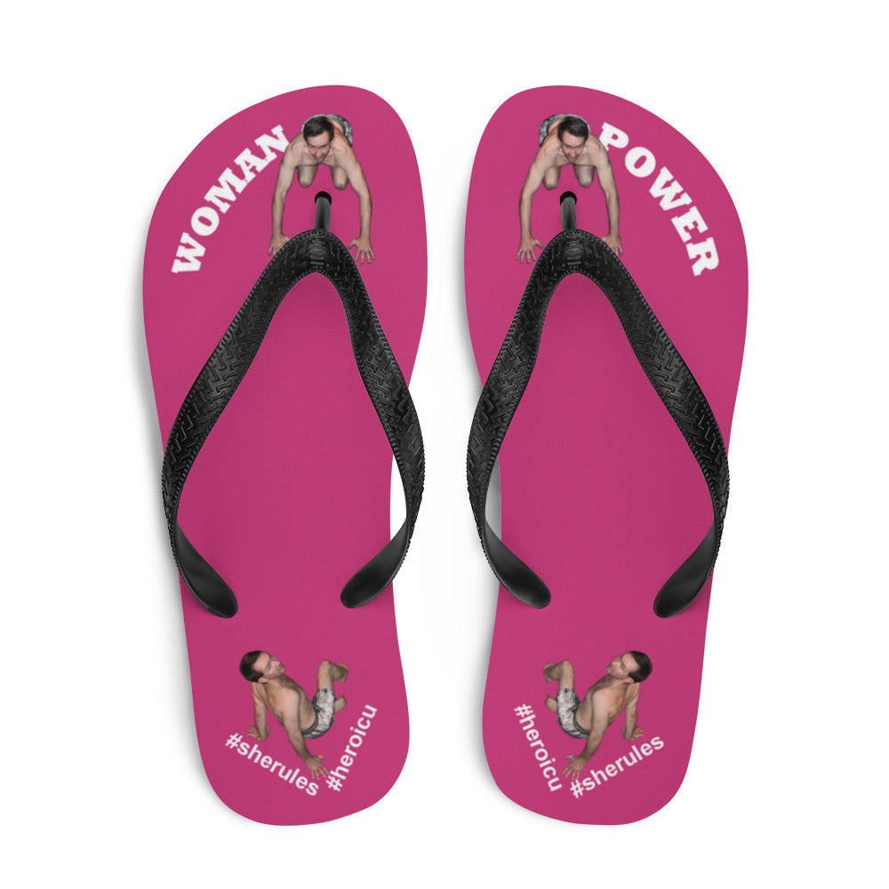 top-best-woman-power-flip-flops-tiny-man-bows-down-magenta-pink-white-letters