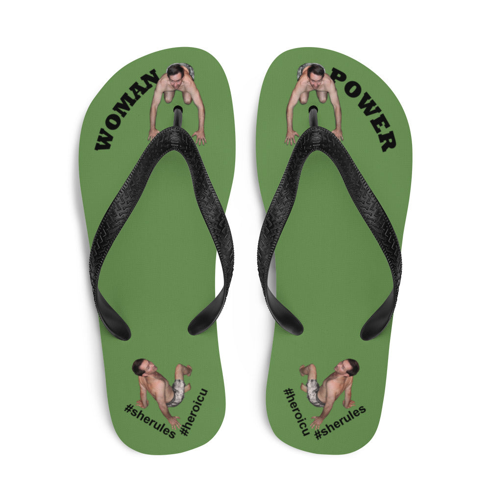 top-best-woman-power-flip-flops-tiny-man-bows-down-moss-green-black-letters