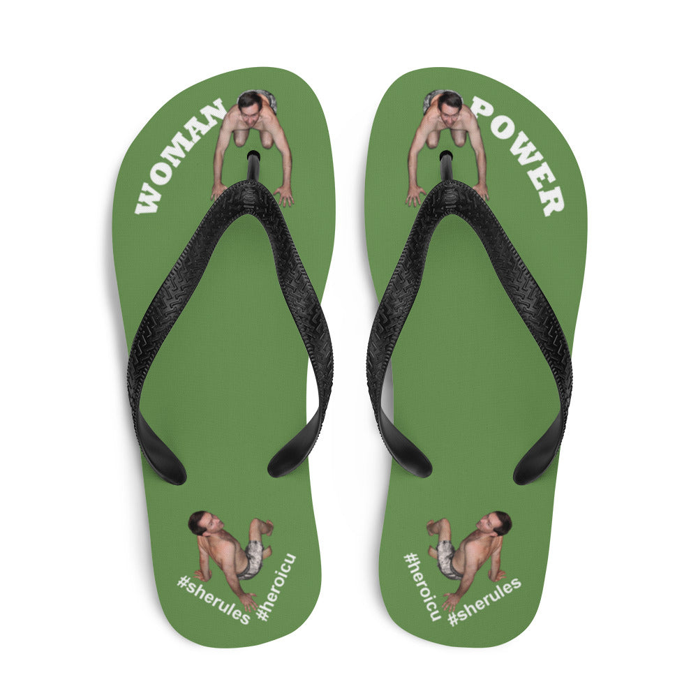 top-best-woman-power-flip-flops-tiny-man-bows-down-moss-green-white-letters