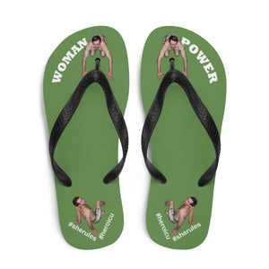 top-best-woman-power-flip-flops-tiny-man-bows-down-moss-green-white-letters