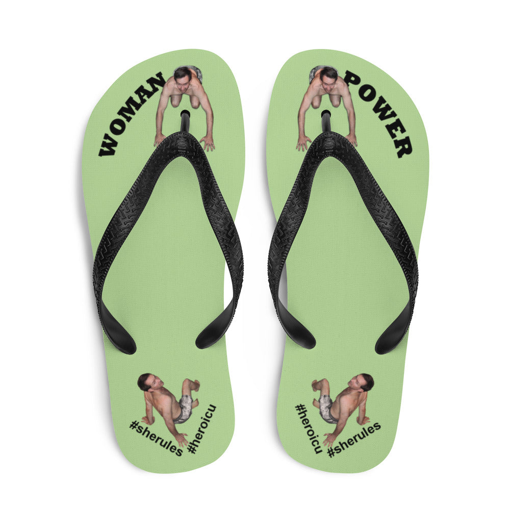 top-best-woman-power-flip-flops-tiny-man-bows-down-pale-green-black-letters
