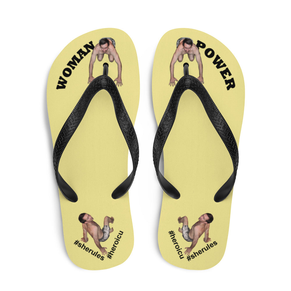 top-best-woman-power-flip-flops-tiny-man-bows-down-pale-yellow-black-letters