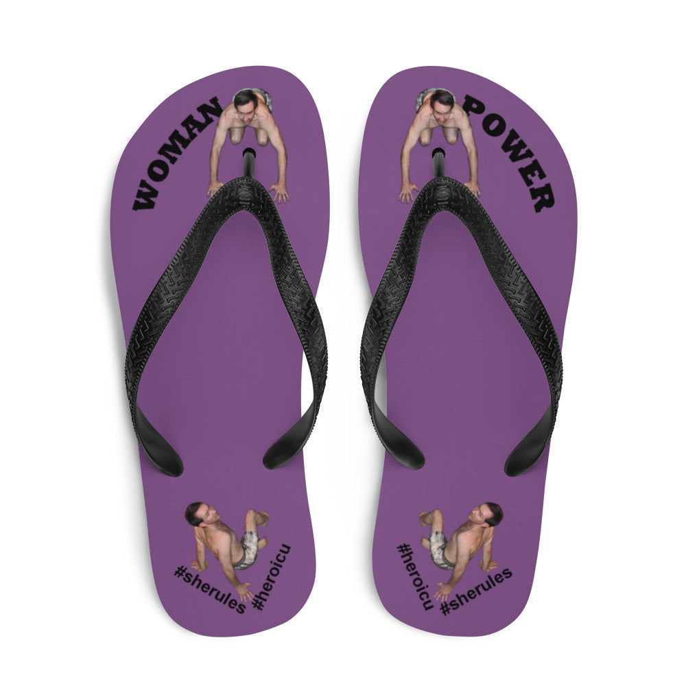 top-best-woman-power-flip-flops-tiny-man-bows-down-purple-black-letters