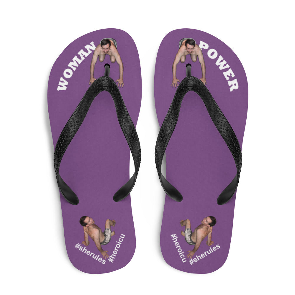 top-best-woman-power-flip-flops-tiny-man-bows-down-purple-white-letters