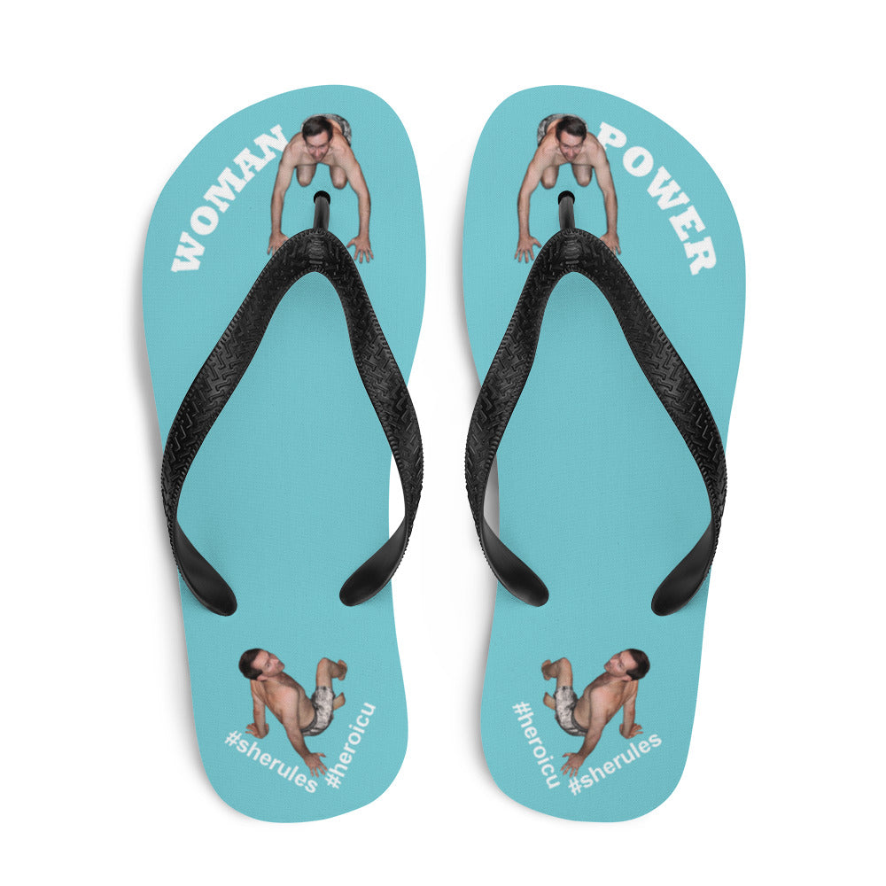 top-best-woman-power-flip-flops-tiny-man-bows-down-robin-egg-blue-white-letters