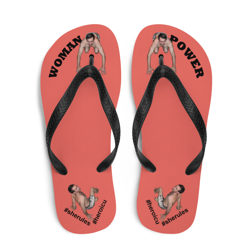 top-best-woman-power-flip-flops-tiny-man-bows-down-salmon-black-letters