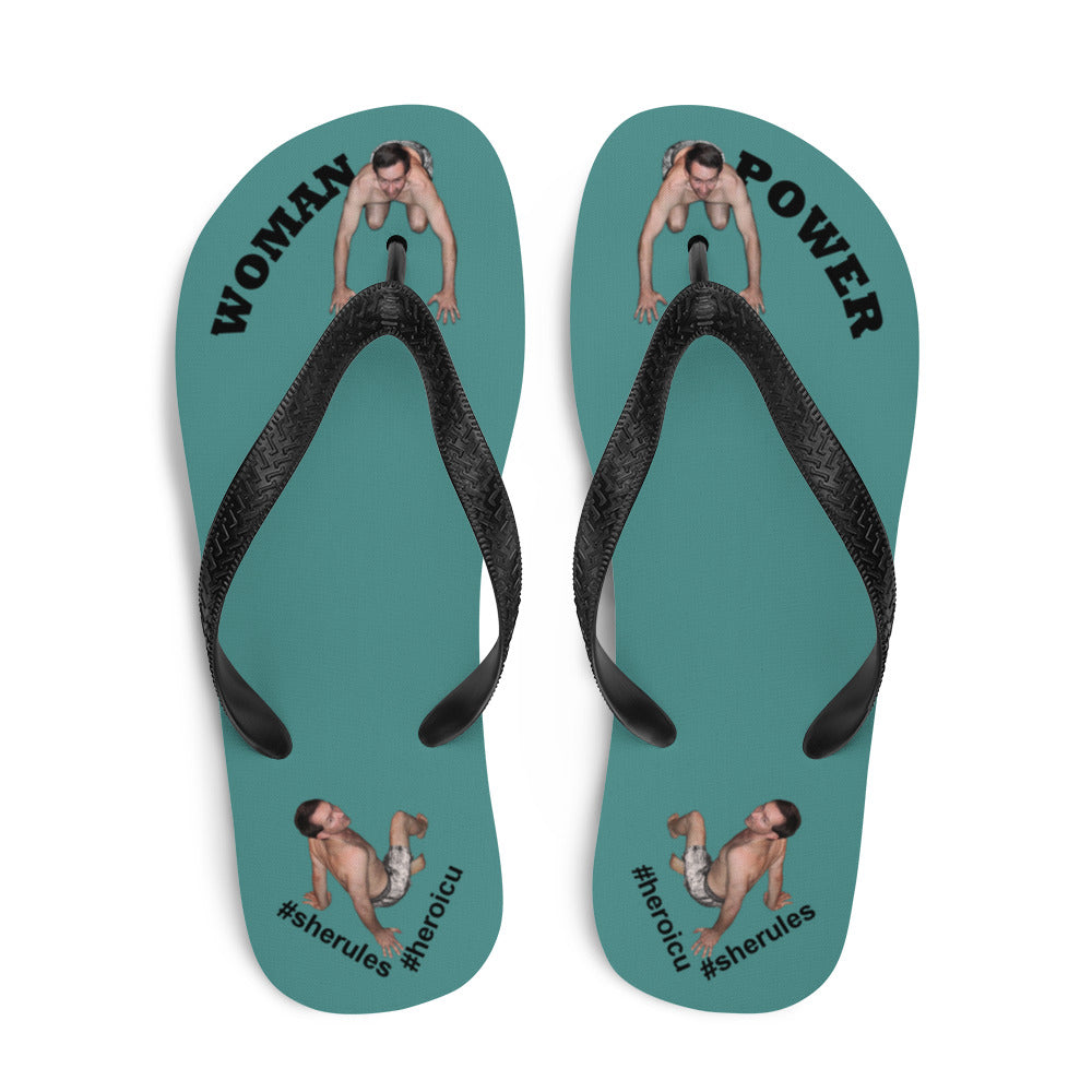 top-best-woman-power-flip-flops-tiny-man-bows-down-teal-black-letters