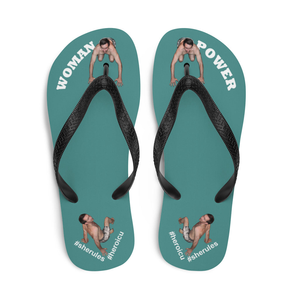 top-best-woman-power-flip-flops-tiny-man-bows-down-teal-white-letters